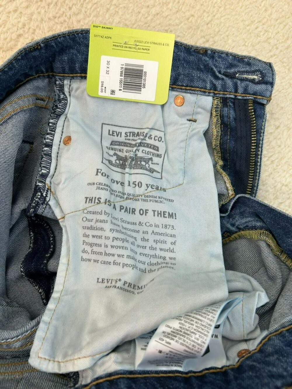 Levis 510 Mens Skinny Jeans Medium Blue W30 L32 Stretch Cotton Levi's NWT - Picture 6 of 6